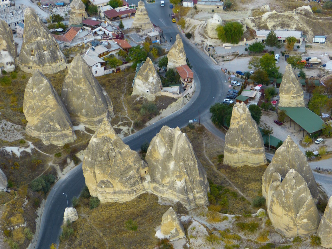 An aerial view of Cliff Dwellings in Göreme